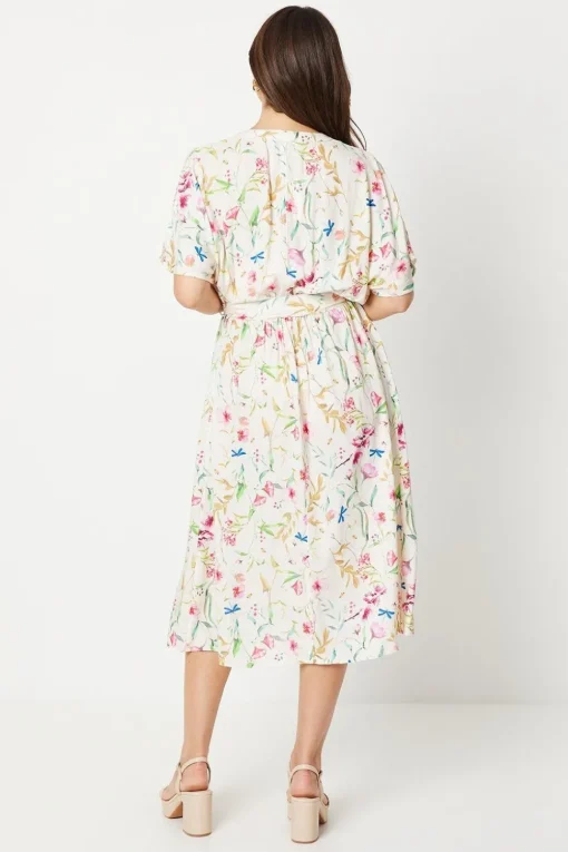 Printed Kimono Sleeve Belted Wrap Midi Dress