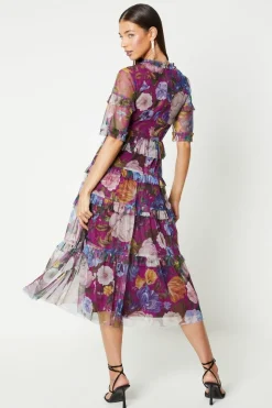 Printed Mesh Ruffle Midi Dress