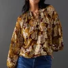 Printed Metallic Jacquard Tie Neck Frill Collar Blouse