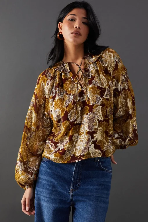 Printed Metallic Jacquard Tie Neck Frill Collar Blouse