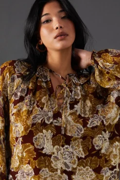 Printed Metallic Jacquard Tie Neck Frill Collar Blouse