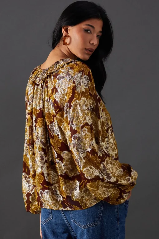 Printed Metallic Jacquard Tie Neck Frill Collar Blouse