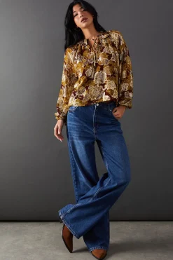 Printed Metallic Jacquard Tie Neck Frill Collar Blouse