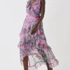 Printed Metallic Ruffle Detail Wrap Dress
