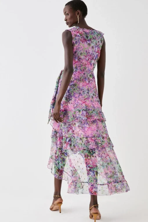 Printed Metallic Ruffle Detail Wrap Dress