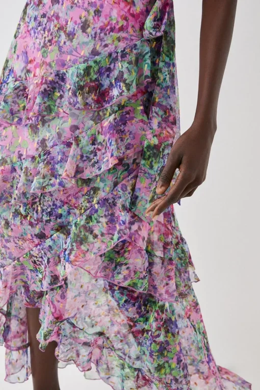 Printed Metallic Ruffle Detail Wrap Dress