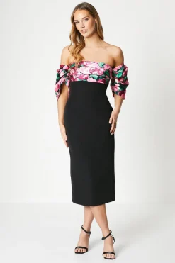 Printed Pleated Bardot Midi Dress