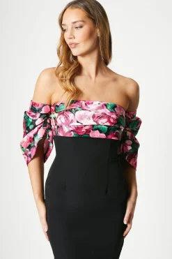 Printed Pleated Bardot Midi Dress