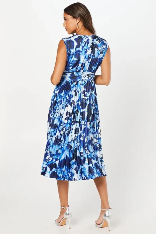 Printed Pleated Satin Midi Wedding Guest Dress