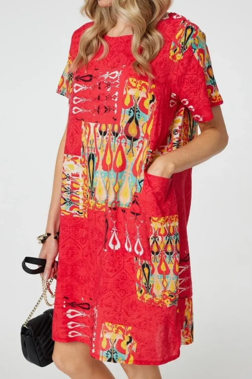 Printed Round Neck Relaxed Shift Dress
