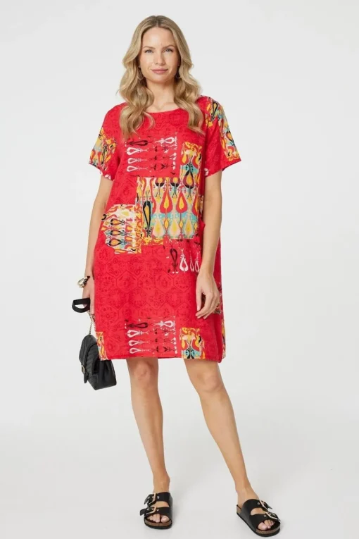 Printed Round Neck Relaxed Shift Dress