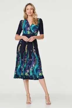 Printed Ruched Waist Midi Dress