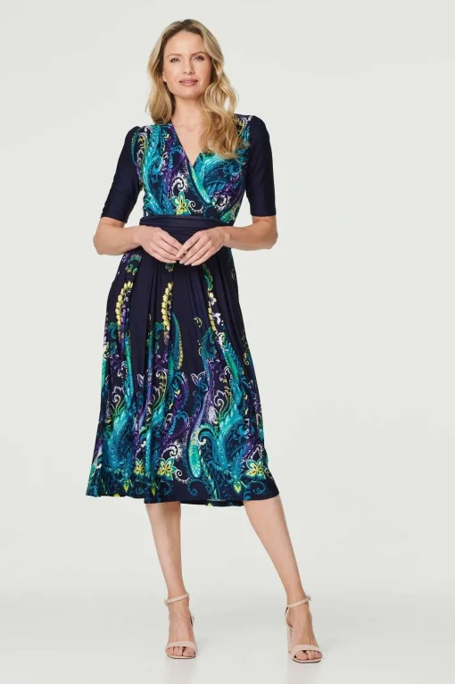 Printed Ruched Waist Midi Dress