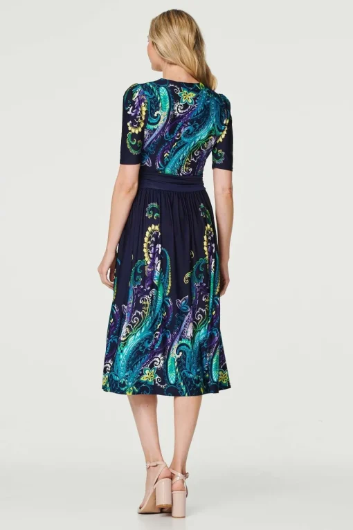 Printed Ruched Waist Midi Dress
