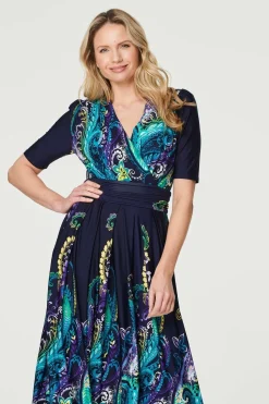 Printed Ruched Waist Midi Dress