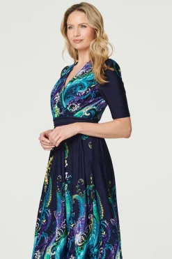 Printed Ruched Waist Midi Dress