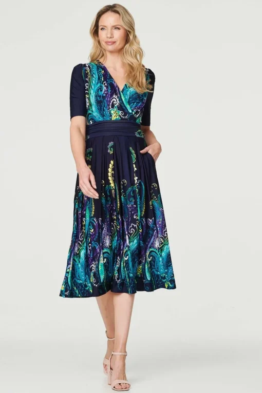 Printed Ruched Waist Midi Dress