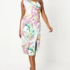Printed Satin Asymmetric Pleated Dress