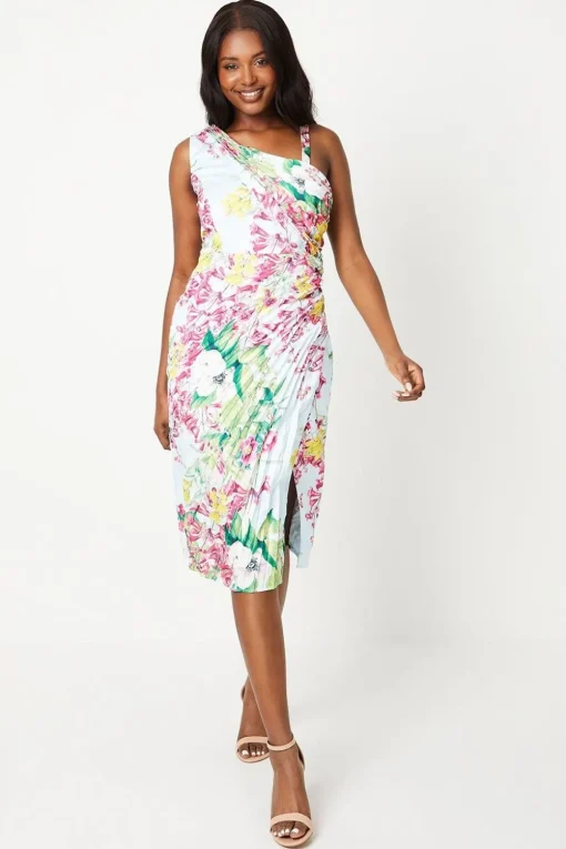 Printed Satin Asymmetric Pleated Dress