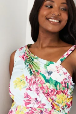 Printed Satin Asymmetric Pleated Dress