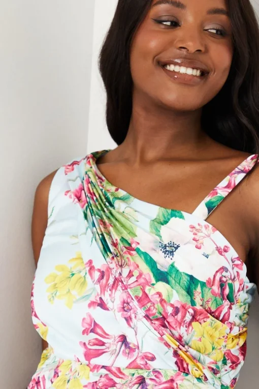 Printed Satin Asymmetric Pleated Dress