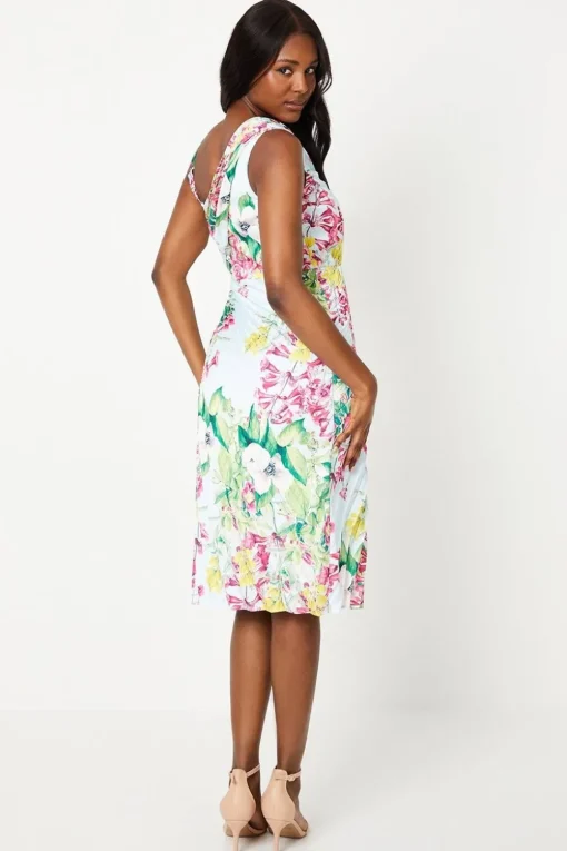 Printed Satin Asymmetric Pleated Dress