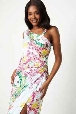 Printed Satin Asymmetric Pleated Dress