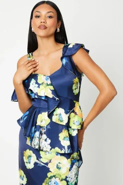 Printed Satin Ruffle Pencil Dress With Flute Hem