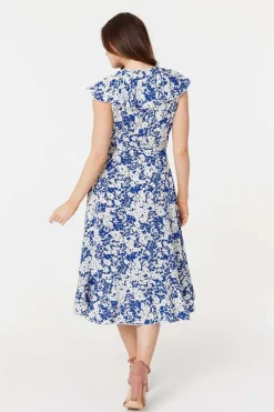 Printed Tie Waist Midi Wrap Dress