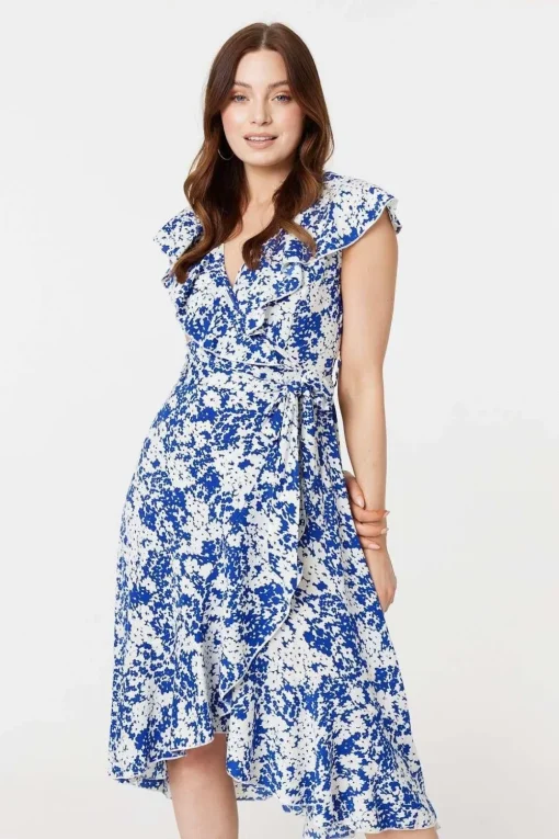 Printed Tie Waist Midi Wrap Dress