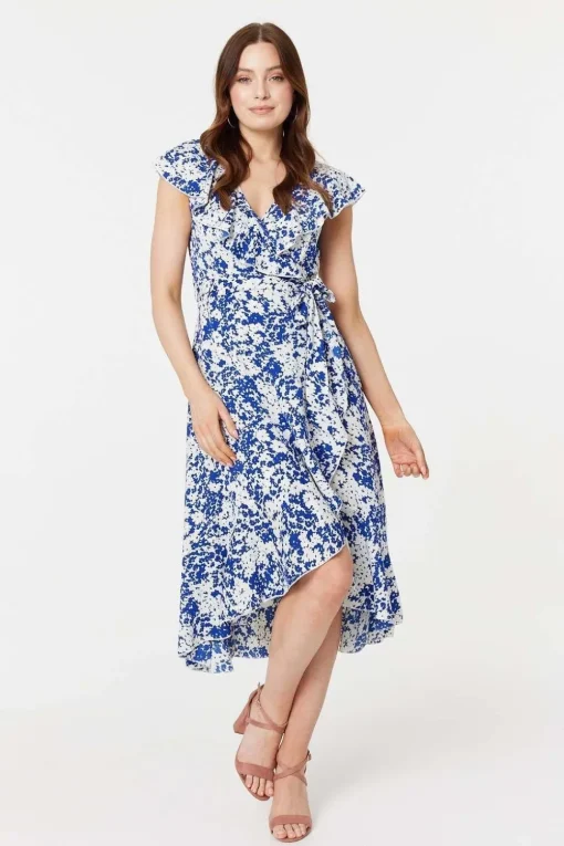 Printed Tie Waist Midi Wrap Dress