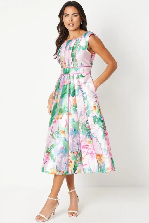 Printed Twill Seamed Midi Dress With Piping