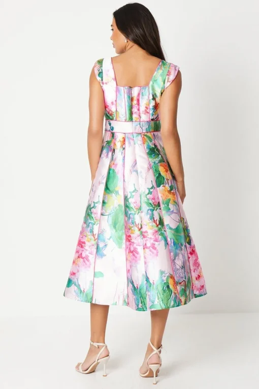 Printed Twill Seamed Midi Dress With Piping