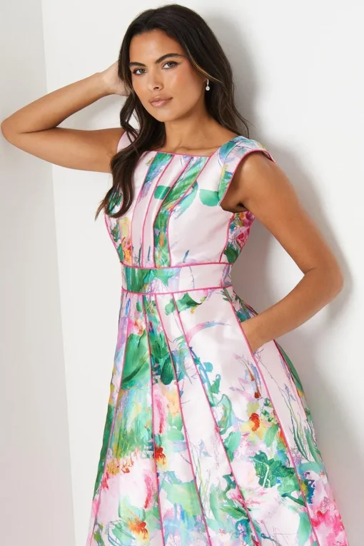 Printed Twill Seamed Midi Dress With Piping