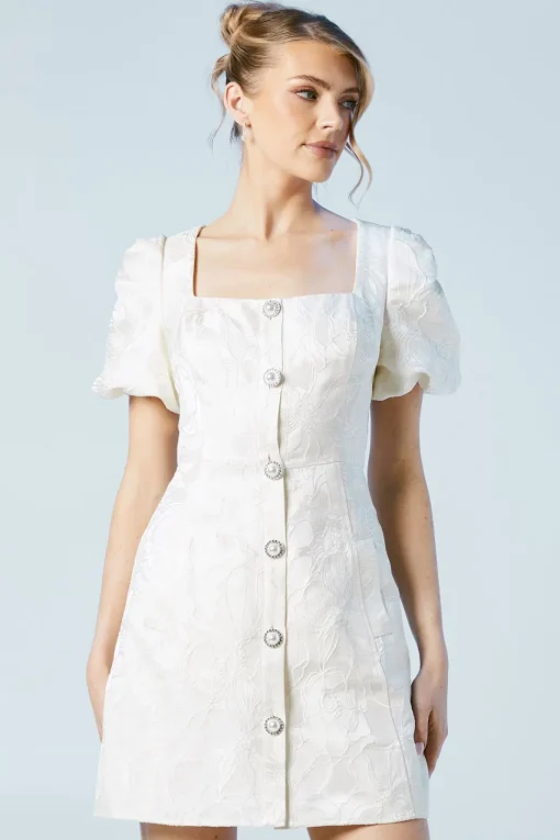 Puff Sleeve Jewel Button Bridal Mini Dress