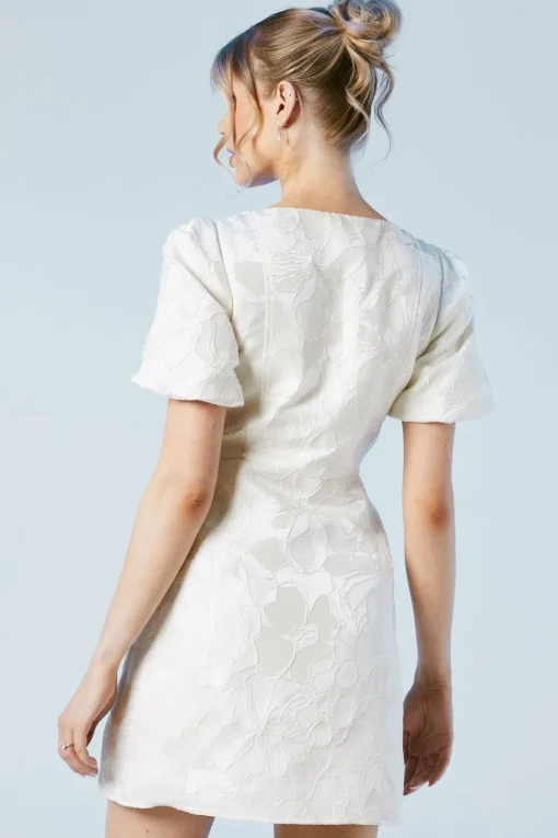 Puff Sleeve Jewel Button Bridal Mini Dress