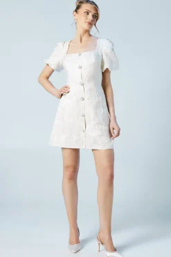 Puff Sleeve Jewel Button Bridal Mini Dress