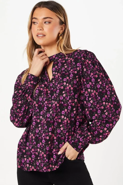 Purple Ditsy Keyhole Blouse
