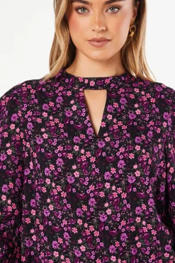 Purple Ditsy Keyhole Blouse