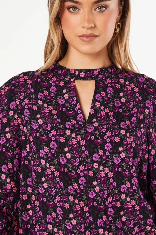 Purple Ditsy Keyhole Blouse