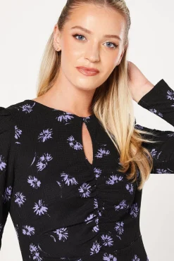 Purple Ditsy Ruched Front Keyhole Midi Dress
