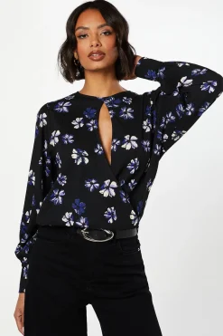Purple Floral Keyhole Long Sleeve Wrap Top