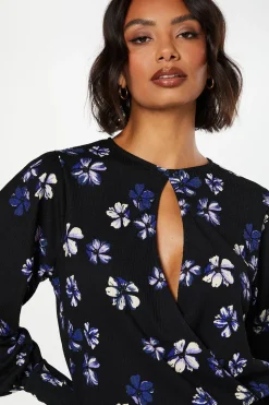 Purple Floral Keyhole Long Sleeve Wrap Top
