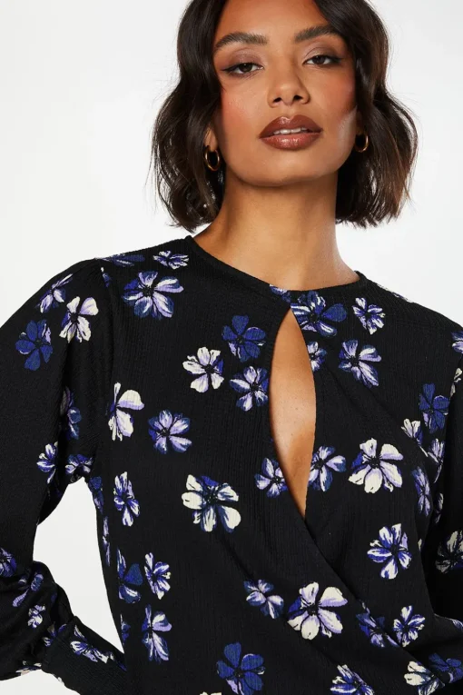 Purple Floral Keyhole Long Sleeve Wrap Top