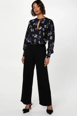 Purple Floral Keyhole Long Sleeve Wrap Top