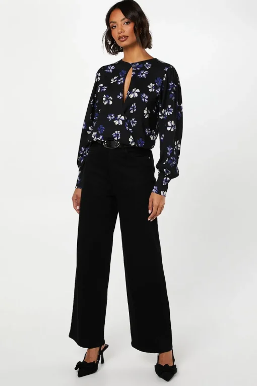 Purple Floral Keyhole Long Sleeve Wrap Top