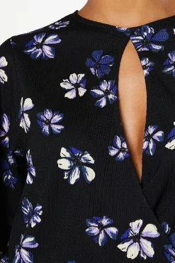 Purple Floral Keyhole Long Sleeve Wrap Top