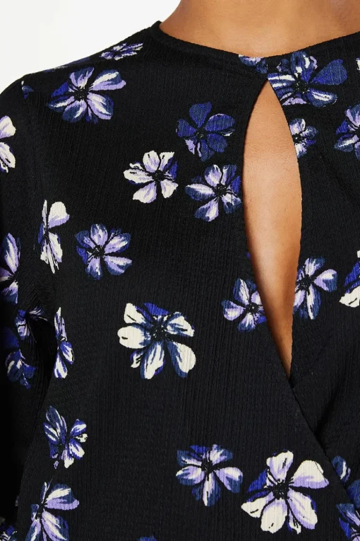 Purple Floral Keyhole Long Sleeve Wrap Top