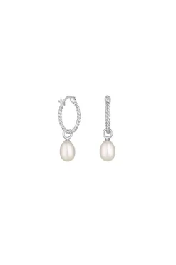 Recycled Sterling Silver 925 Ribbed Hoop Pearl Drop Earrings