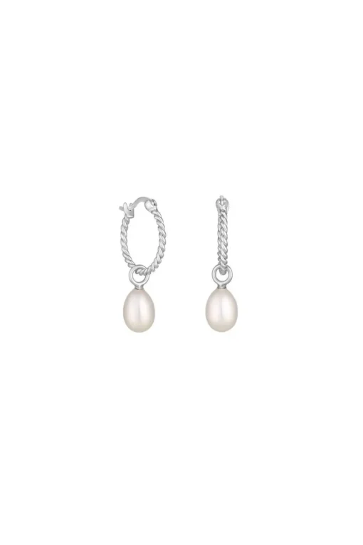Recycled Sterling Silver 925 Ribbed Hoop Pearl Drop Earrings
